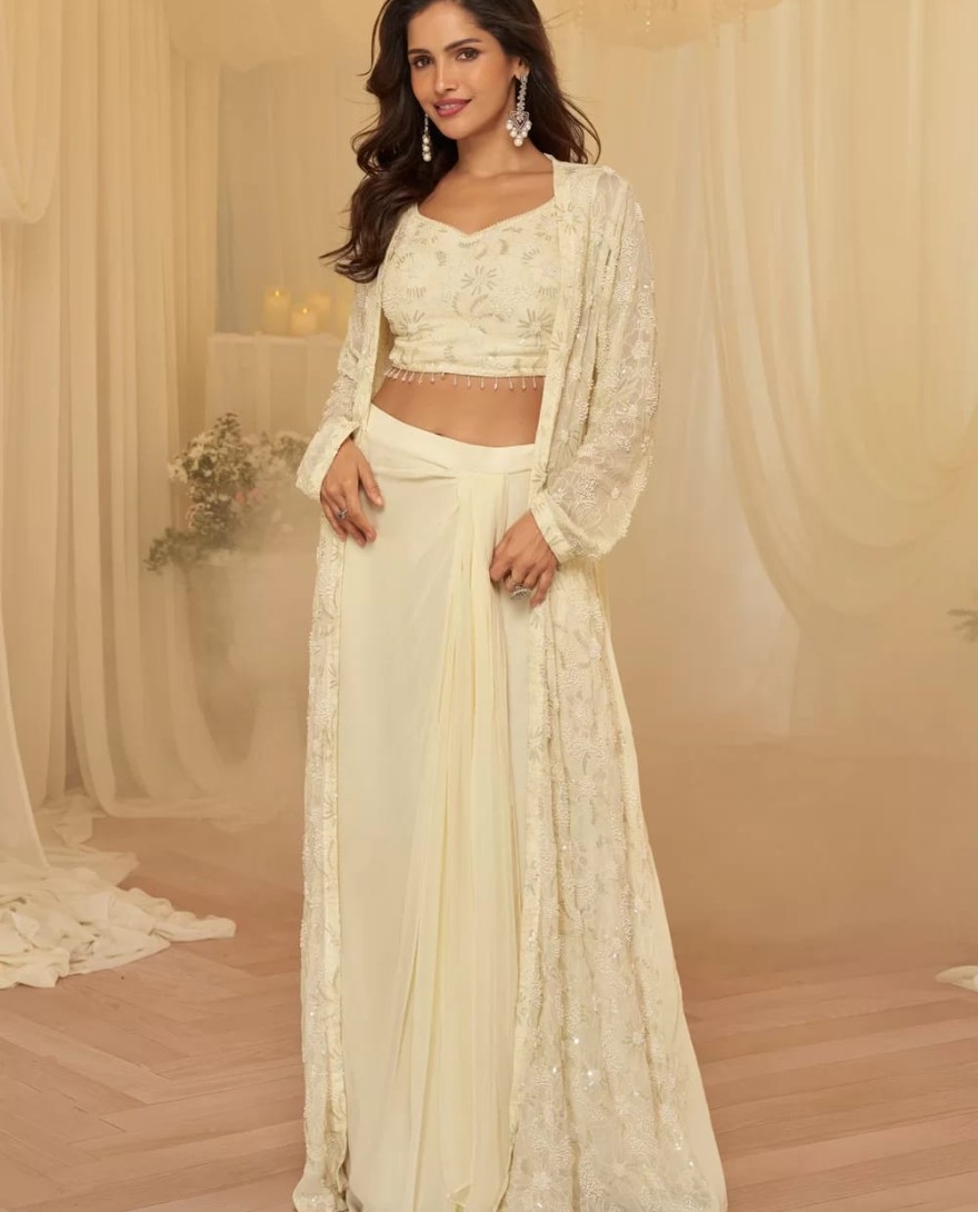 cream - Cream Embroidered Georgette Designer IndoWestern