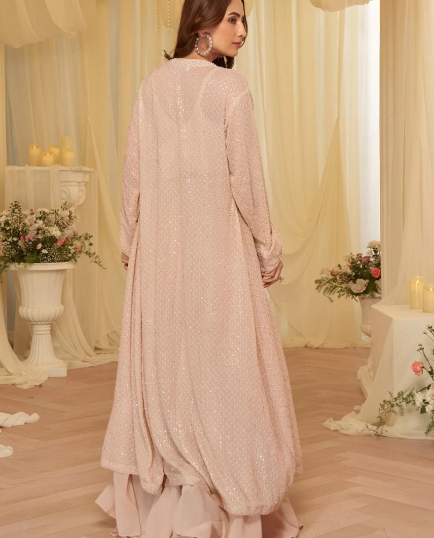 PINK - Peach Georgette Salwar Suit with Embroidered Work for Ceremonial