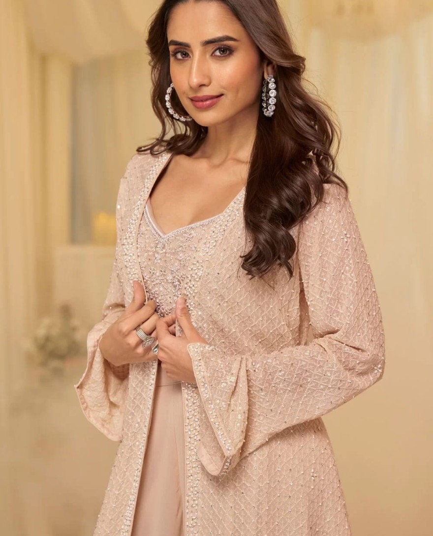 PINK - Peach Georgette Salwar Suit with Embroidered Work for Ceremonial