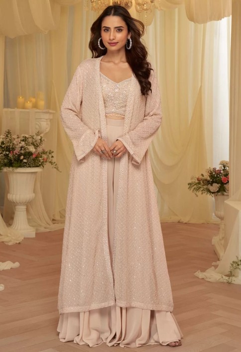 Peach Georgette Salwar Suit with Embroidered Work for Ceremonial