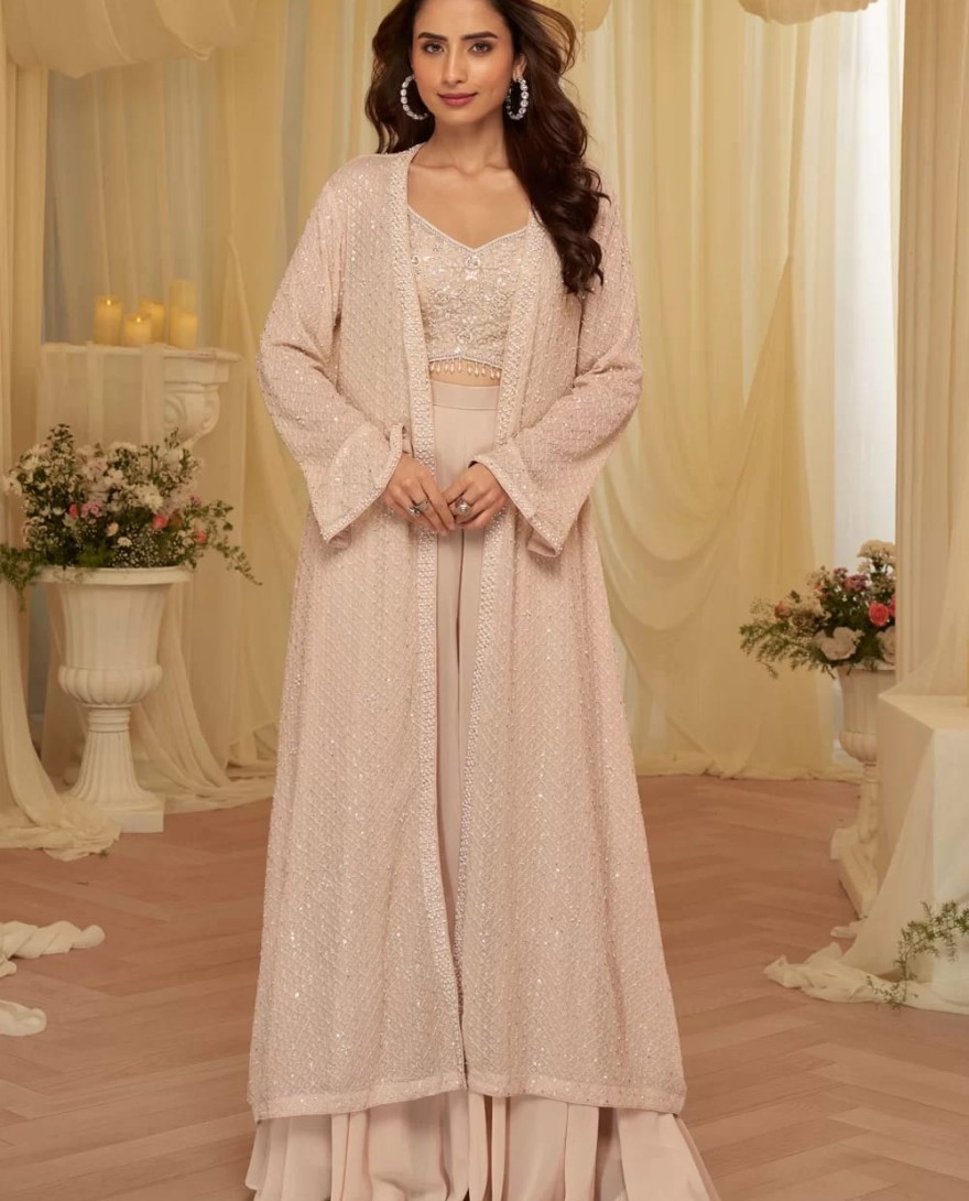 PINK - Peach Georgette Salwar Suit with Embroidered Work for Ceremonial
