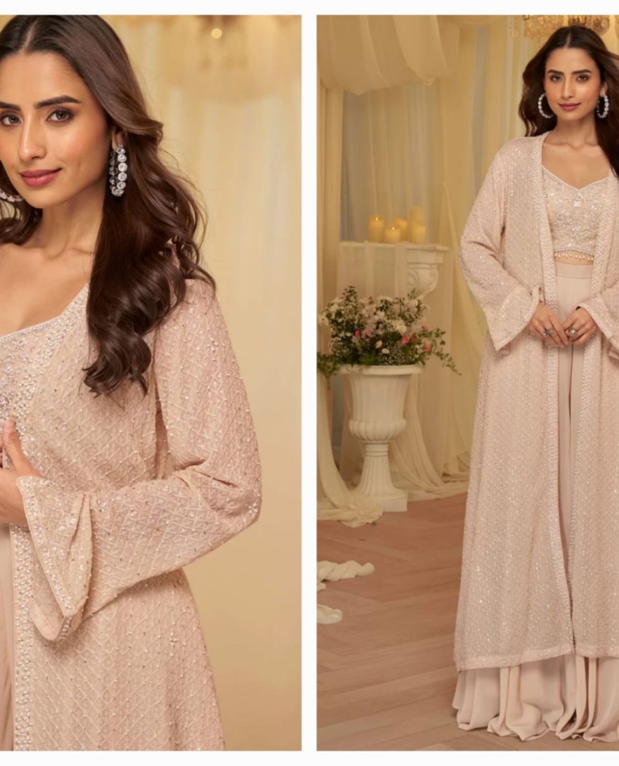 PINK - Peach Georgette Salwar Suit with Embroidered Work for Ceremonial