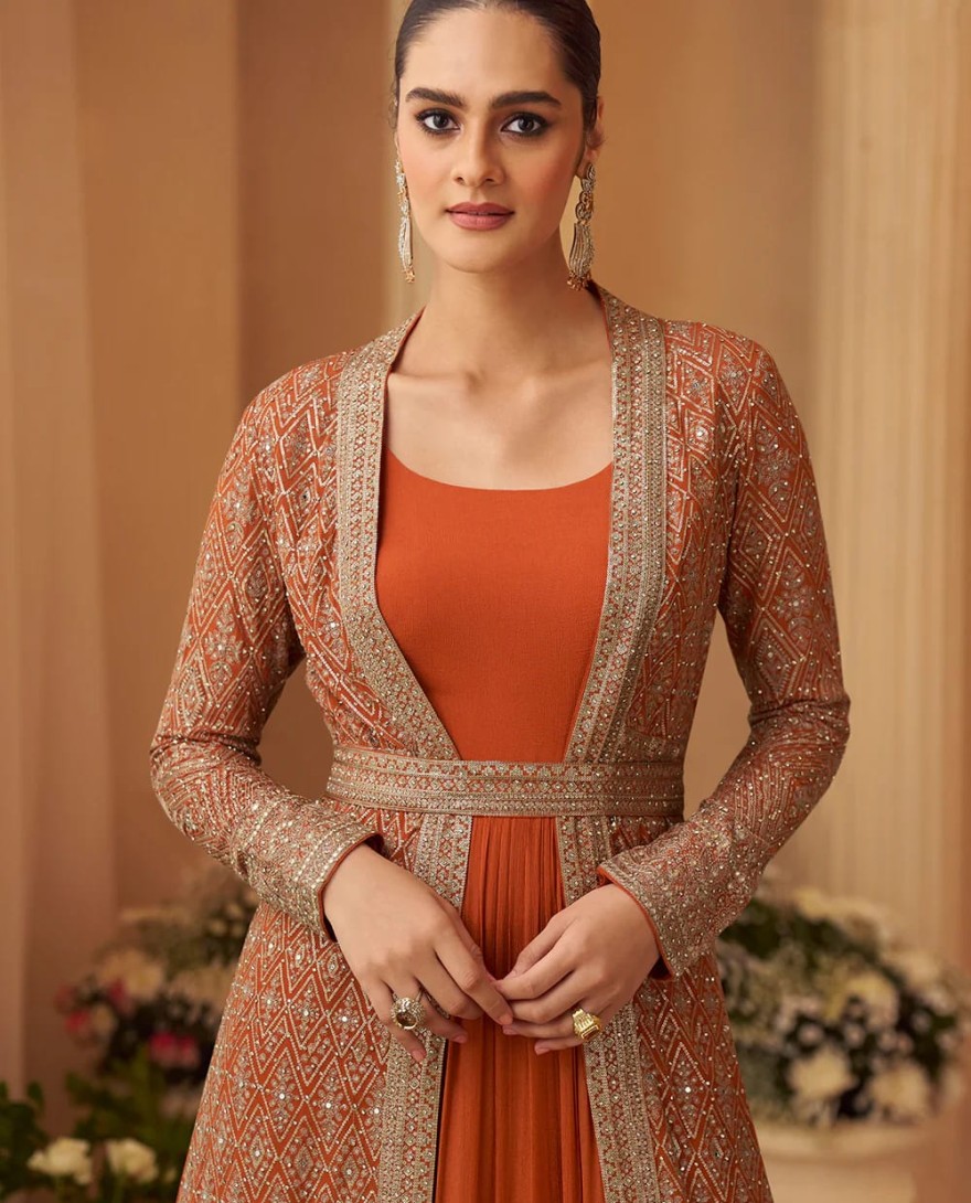 ORANGE - Designer Orange Embroidered Indo Western Chinon Silk Jacket Style Gown