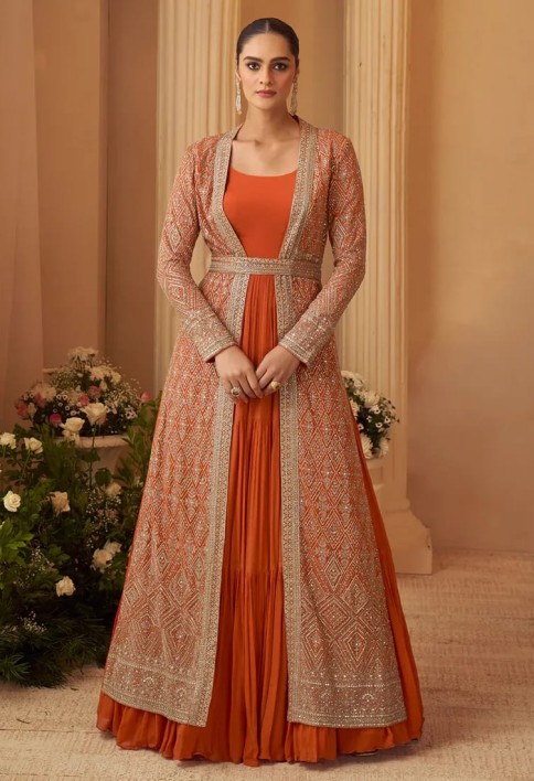 Designer Orange Embroidered Indo Western Chinon Silk Jacket Style Gown