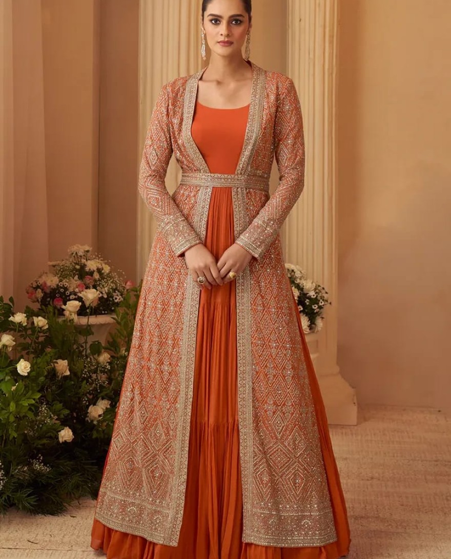 ORANGE - Designer Orange Embroidered Indo Western Chinon Silk Jacket Style Gown