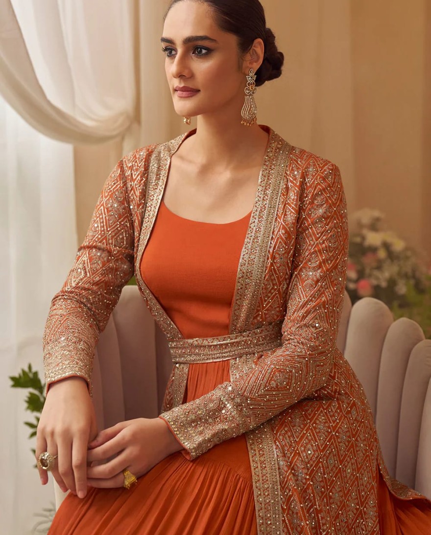 ORANGE - Designer Orange Embroidered Indo Western Chinon Silk Jacket Style Gown