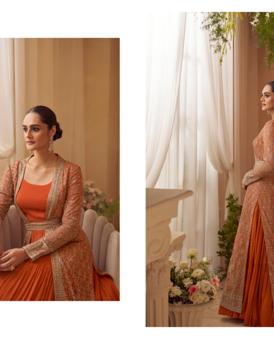 ORANGE - Designer Orange Embroidered Indo Western Chinon Silk Jacket Style Gown