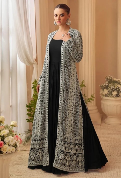 Designer Black Embroidered Indo Western Chinon Silk Jacket Style Gown