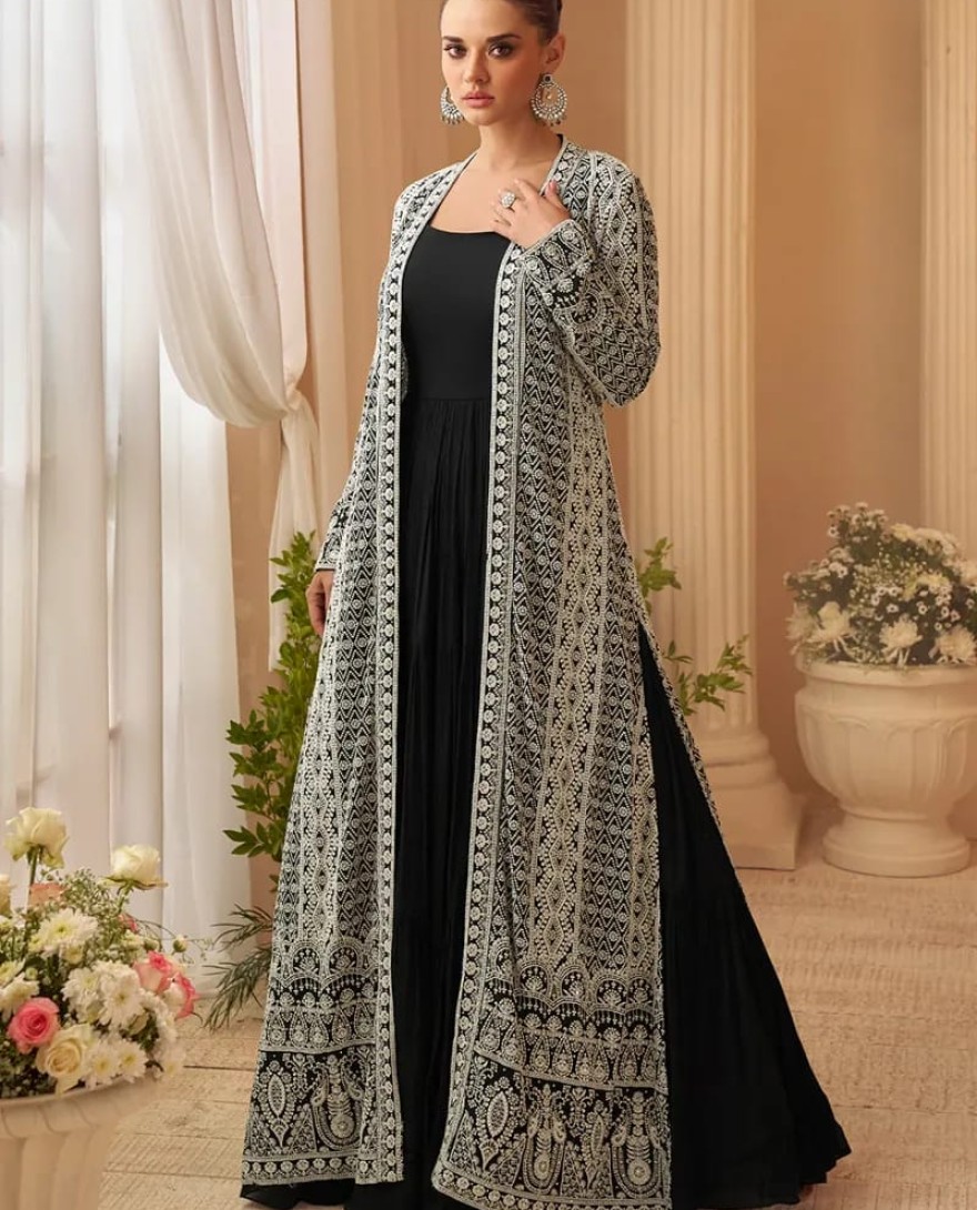 BLACK - Designer Black Embroidered Indo Western Chinon Silk Jacket Style Gown