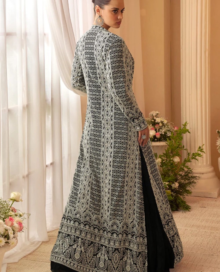 BLACK - Designer Black Embroidered Indo Western Chinon Silk Jacket Style Gown