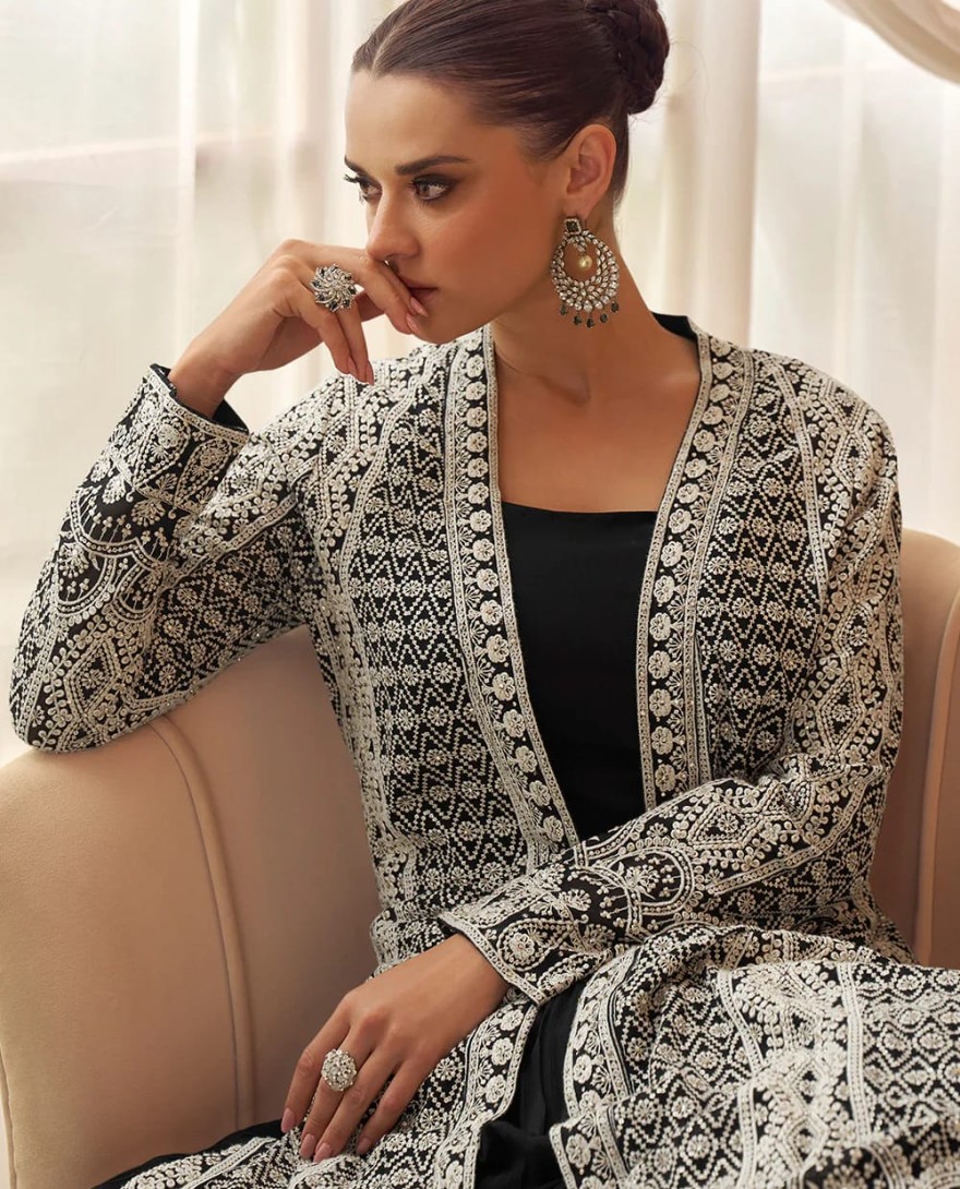 BLACK - Designer Black Embroidered Indo Western Chinon Silk Jacket Style Gown
