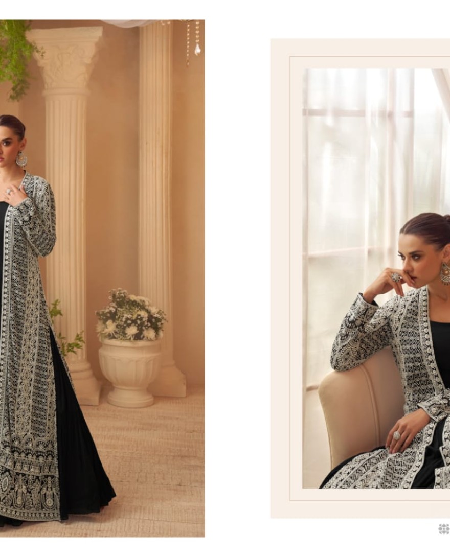 BLACK - Designer Black Embroidered Indo Western Chinon Silk Jacket Style Gown