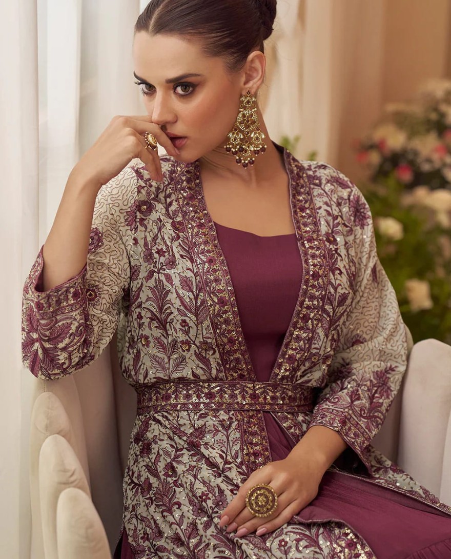 MAUVE - Designer Mauve Embroidered Indo Western Chinon Silk Jacket Style Gown