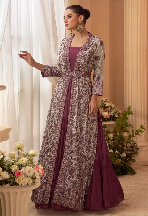 Designer Mauve Embroidered Indo Western Chinon Silk Jacket Style Gown