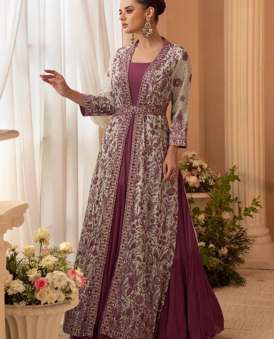 MAUVE - Designer Mauve Embroidered Indo Western Chinon Silk Jacket Style Gown