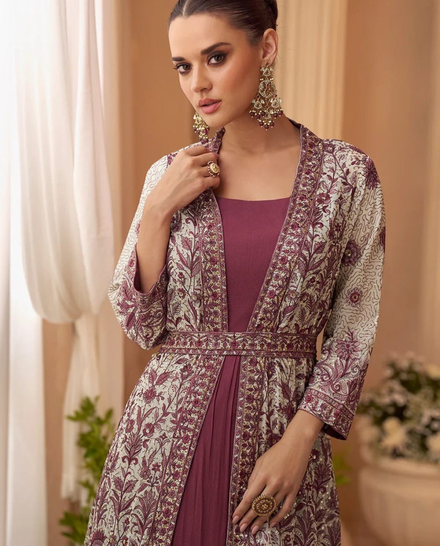 MAUVE - Designer Mauve Embroidered Indo Western Chinon Silk Jacket Style Gown