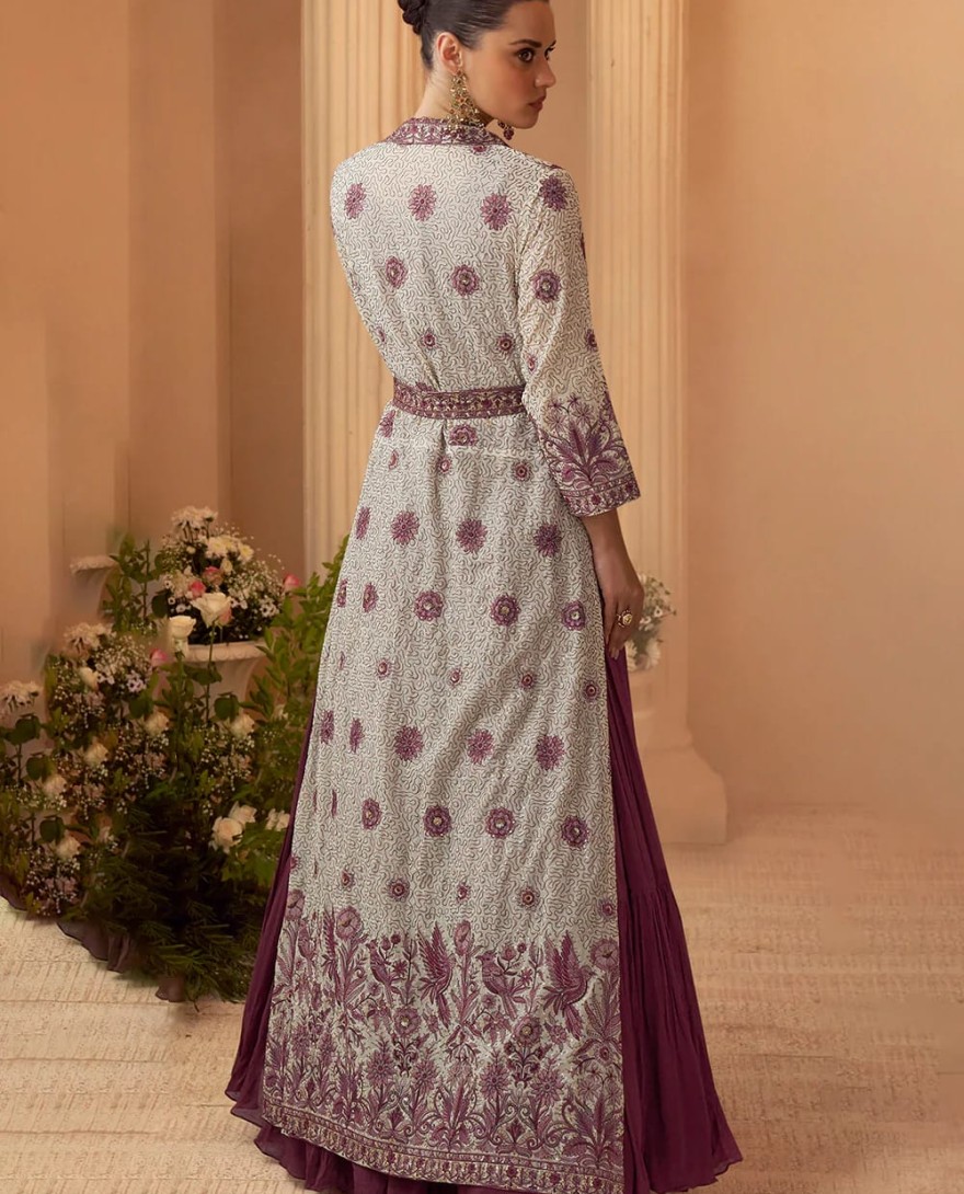 MAUVE - Designer Mauve Embroidered Indo Western Chinon Silk Jacket Style Gown