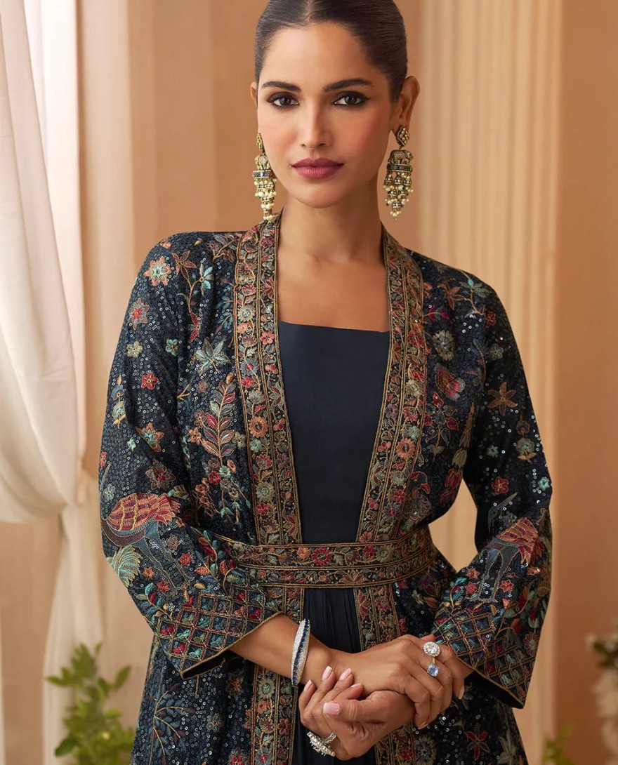 BLUE - Designer Navy Blue Embroidered Indo Western Chinon Silk Jacket Style Gown