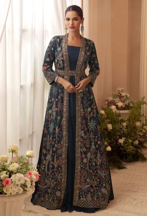 Designer Navy Blue Embroidered Indo Western Chinon Silk Jacket Style Gown