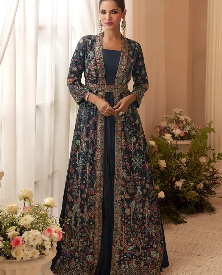BLUE - Designer Navy Blue Embroidered Indo Western Chinon Silk Jacket Style Gown