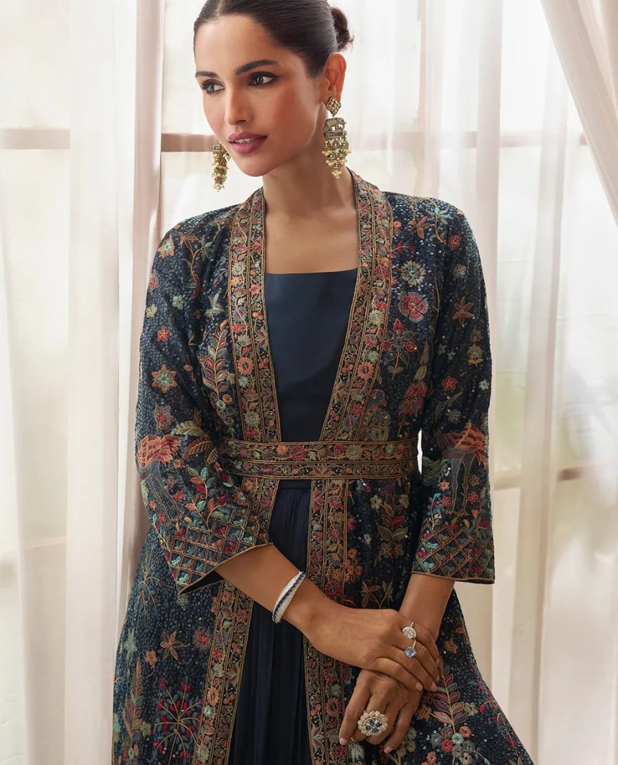 BLUE - Designer Navy Blue Embroidered Indo Western Chinon Silk Jacket Style Gown