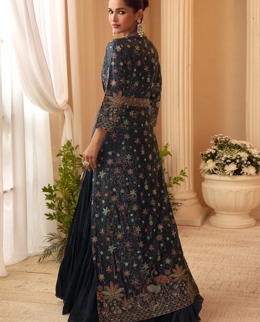 BLUE - Designer Navy Blue Embroidered Indo Western Chinon Silk Jacket Style Gown