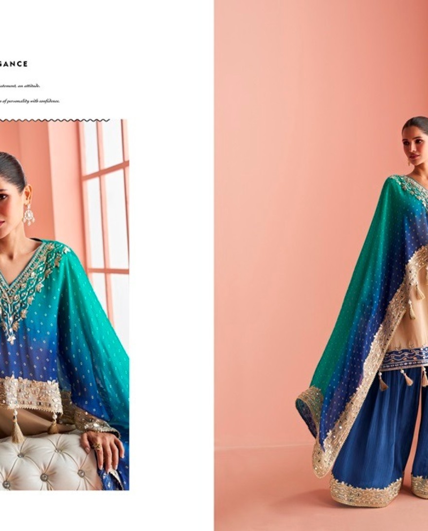 BLUE - Sensational Mirror Silk Blue and Cream Salwar Kameez