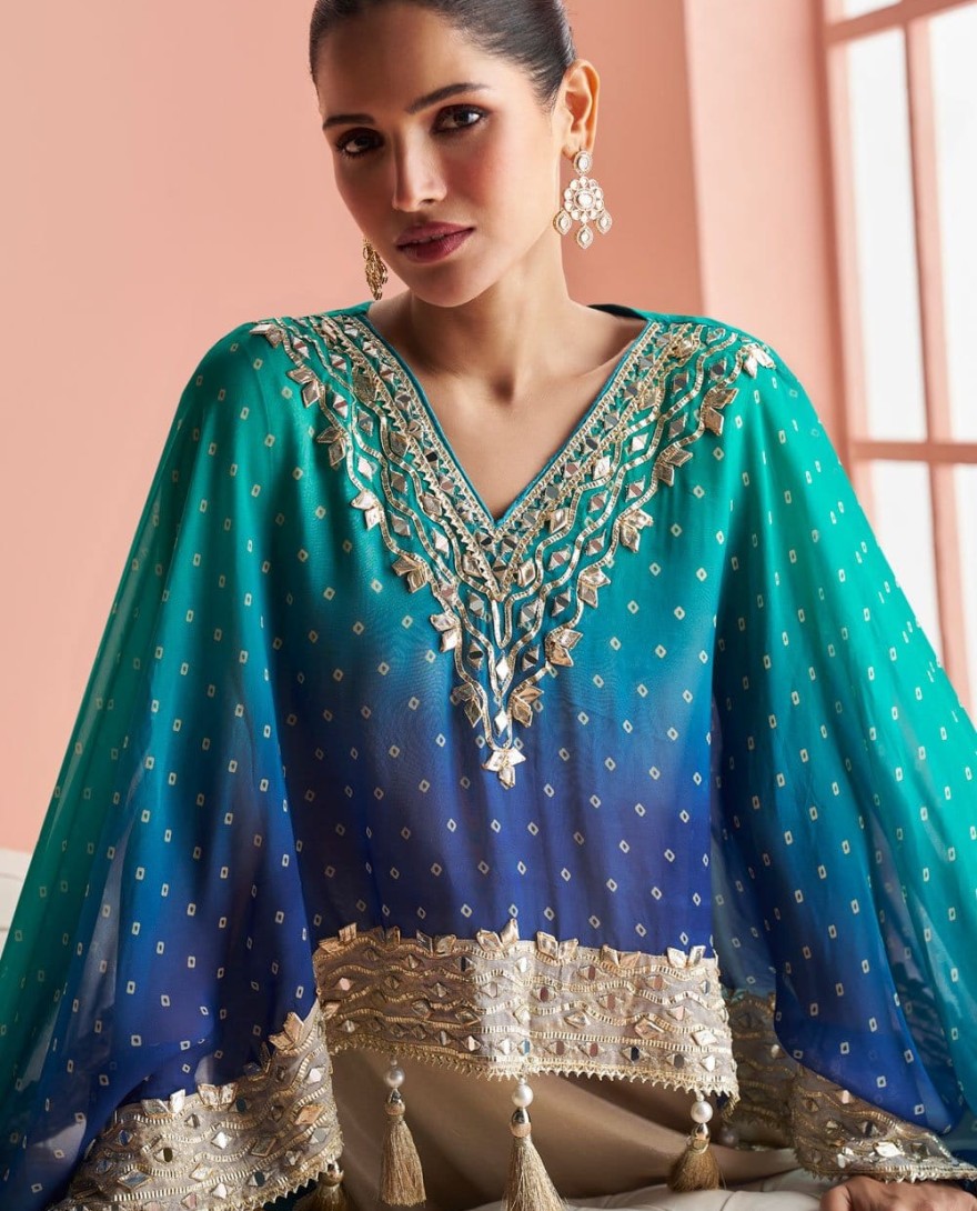 BLUE - Sensational Mirror Silk Blue and Cream Salwar Kameez