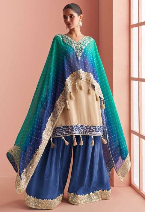 Sensational Mirror Silk Blue and Cream Salwar Kameez