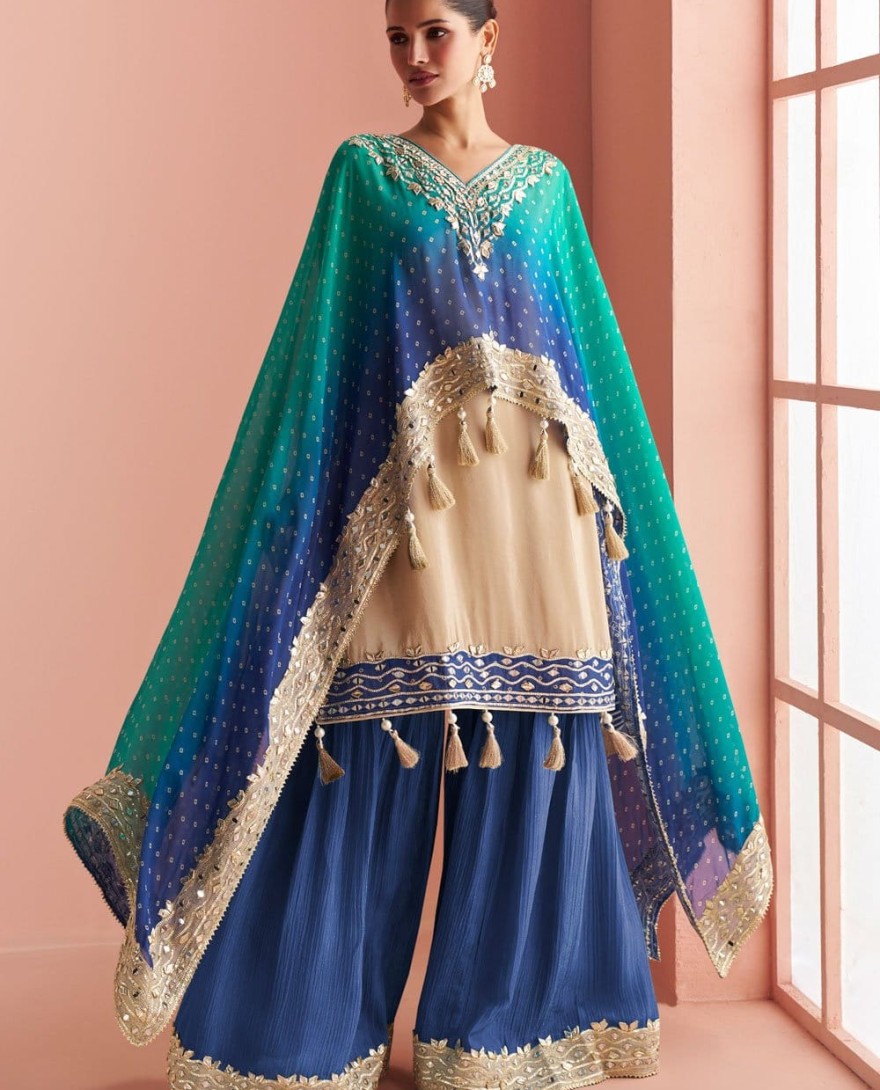 BLUE - Sensational Mirror Silk Blue and Cream Salwar Kameez