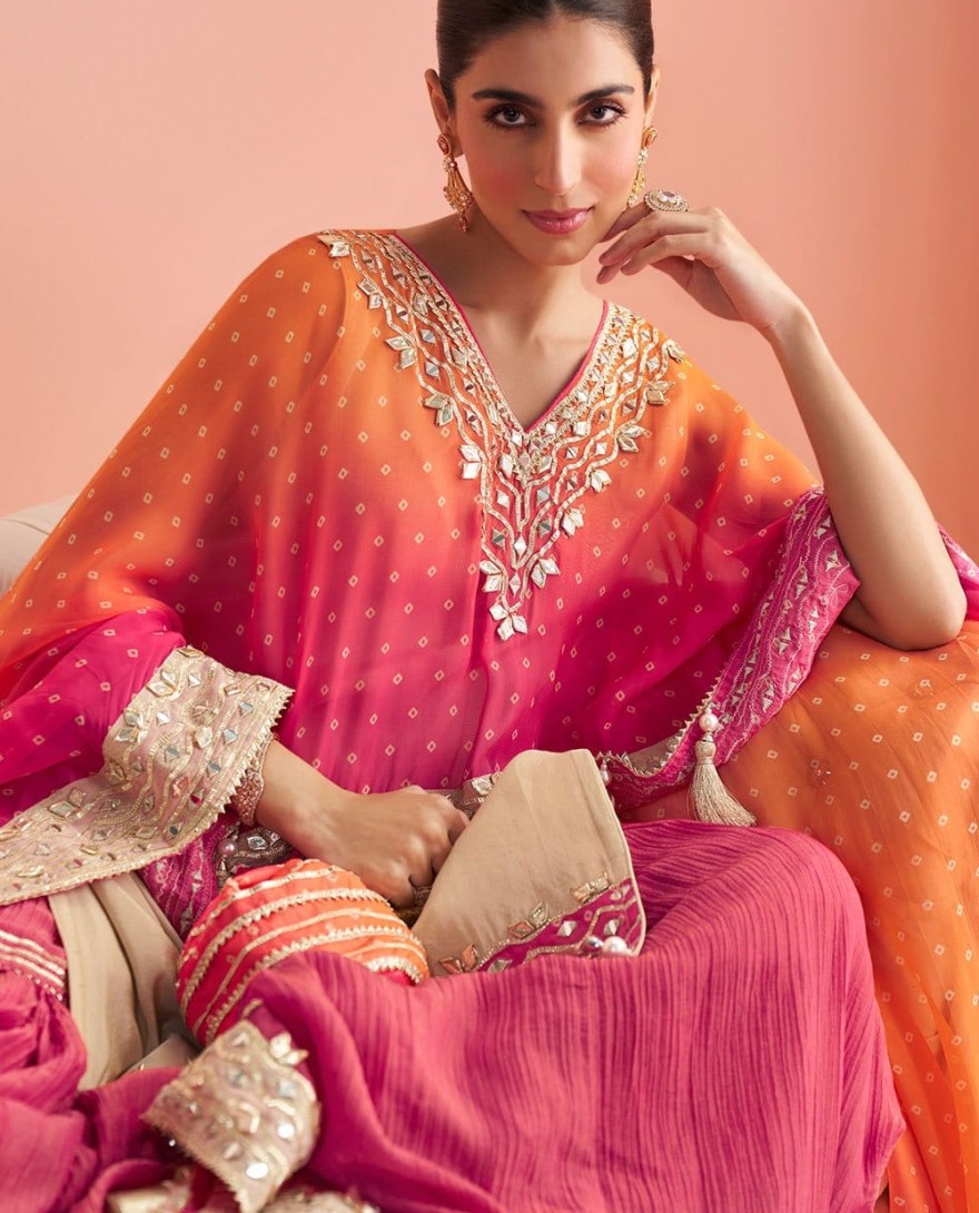 PINK - Flattering Silk Cream and Pink Embroidered Palazzo Salwar Kameez