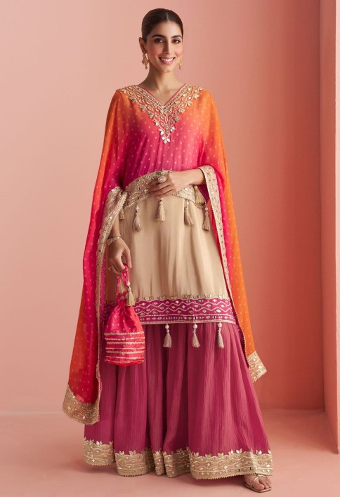 Flattering Silk Cream and Pink Embroidered Palazzo Salwar Kameez