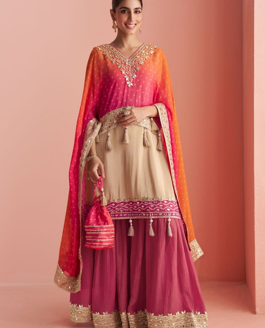 PINK - Flattering Silk Cream and Pink Embroidered Palazzo Salwar Kameez