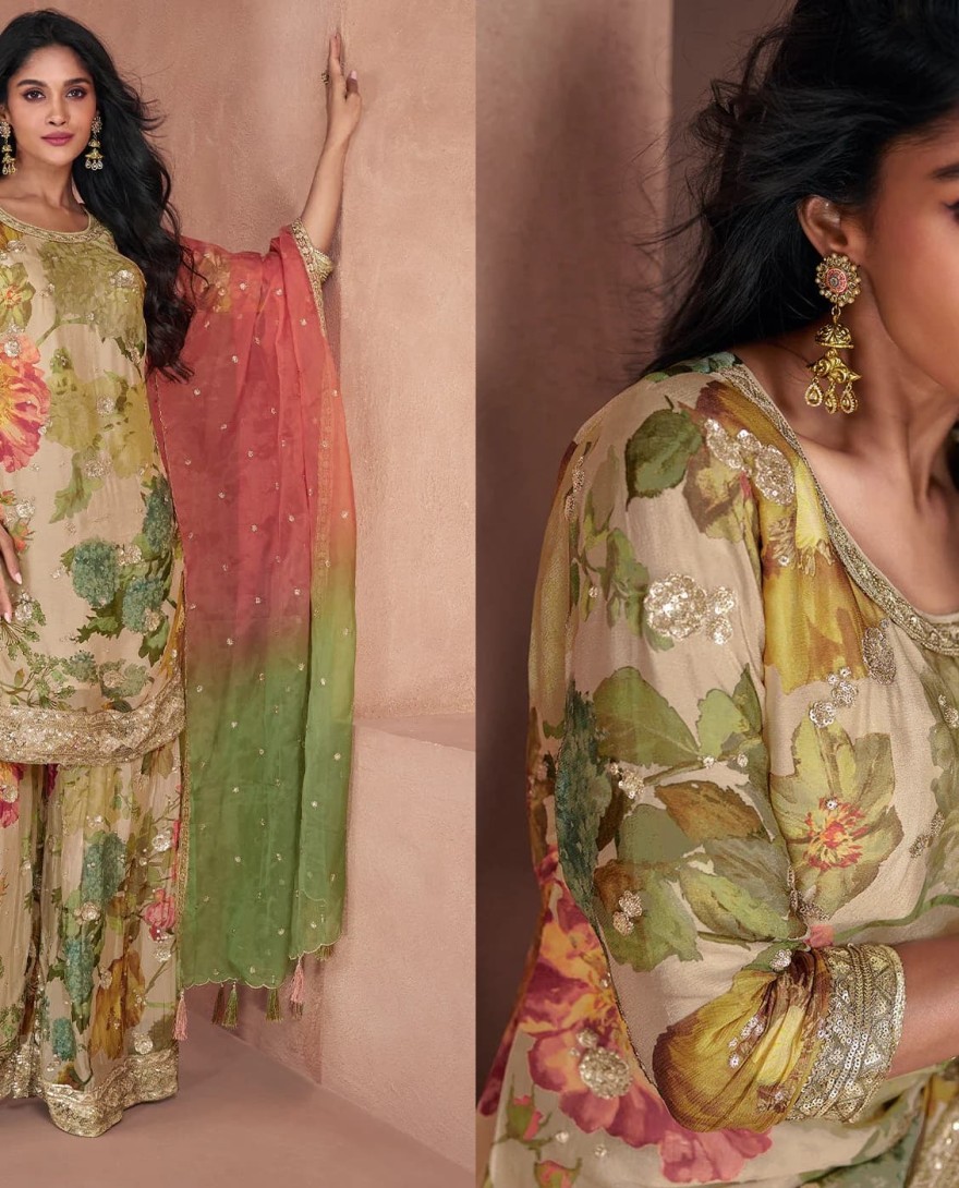 5296 - Beige Brown Floral Printed Georgette Plazzo Suit with Sequence work : Top Pick