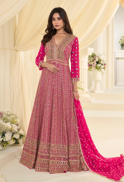 Rani Pink Embroidered Georgette Gown for Festival