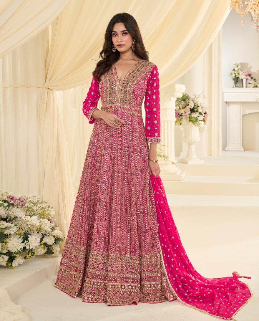 PINK - Rani Pink Embroidered Georgette Gown for Festival