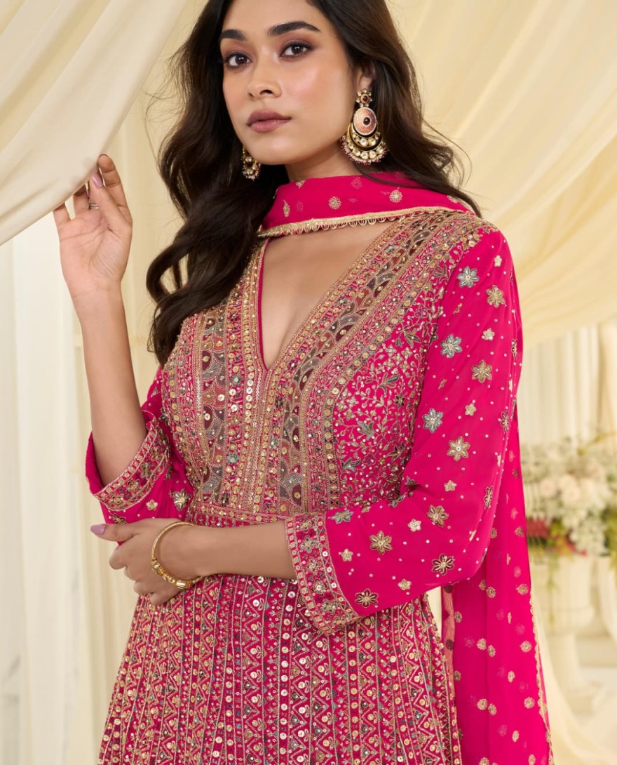 PINK - Rani Pink Embroidered Georgette Gown for Festival