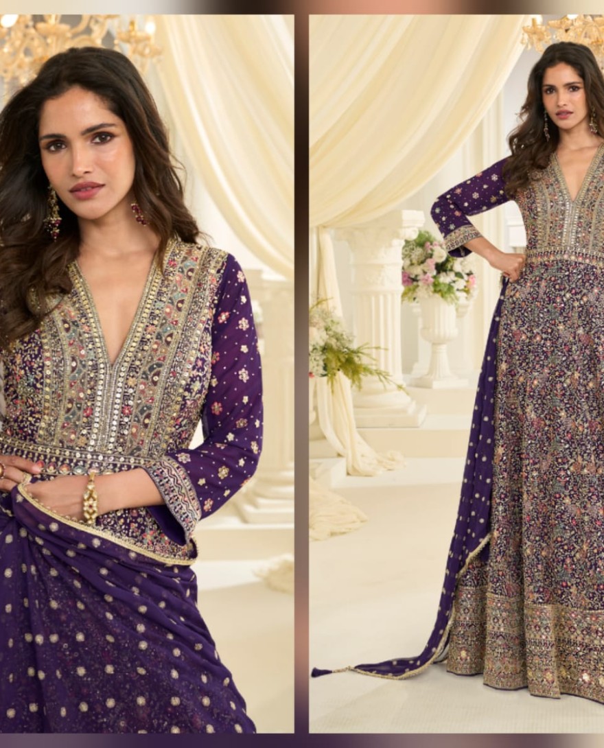 Purple - Eggplant Embroidered Georgette Gown for Festival