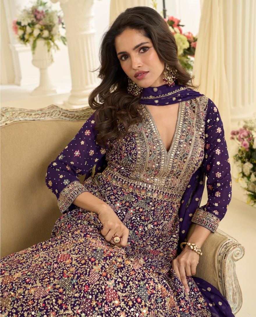 Purple - Eggplant Embroidered Georgette Gown for Festival