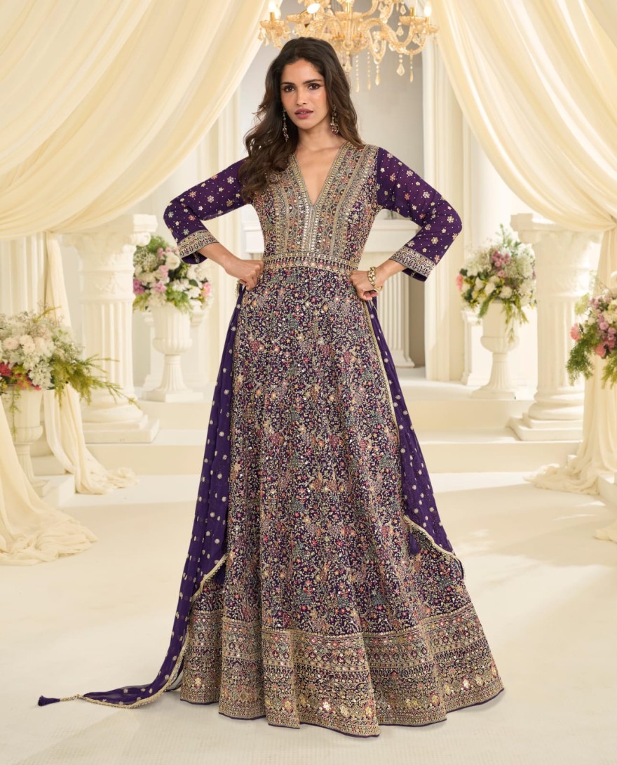 Purple - Eggplant Embroidered Georgette Gown for Festival