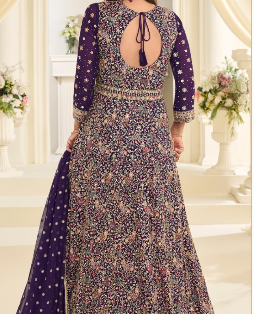 Purple - Eggplant Embroidered Georgette Gown for Festival