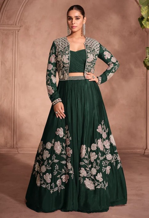 Designer Green Chinnon Silk Jacket Style Lehenga Choli For Indian Wedding