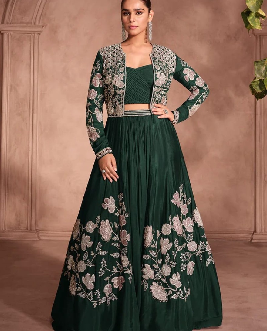 GREEN - Designer Green Chinnon Silk Jacket Style Lehenga Choli For Indian Wedding