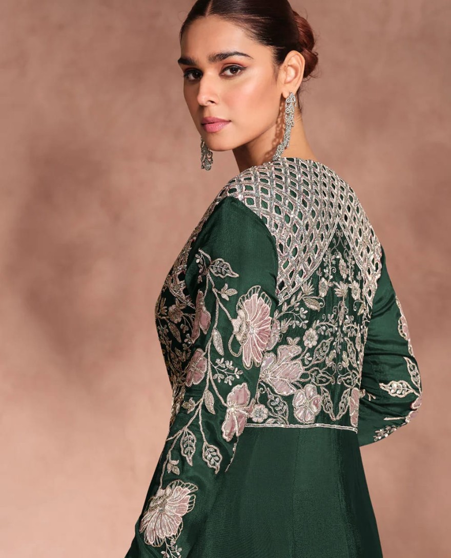 GREEN - Designer Green Chinnon Silk Jacket Style Lehenga Choli For Indian Wedding