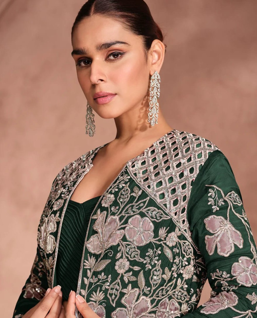 GREEN - Designer Green Chinnon Silk Jacket Style Lehenga Choli For Indian Wedding