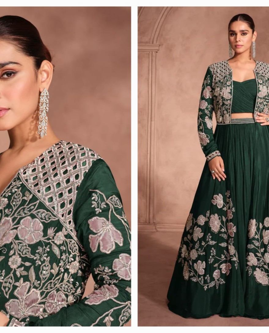 GREEN - Designer Green Chinnon Silk Jacket Style Lehenga Choli For Indian Wedding