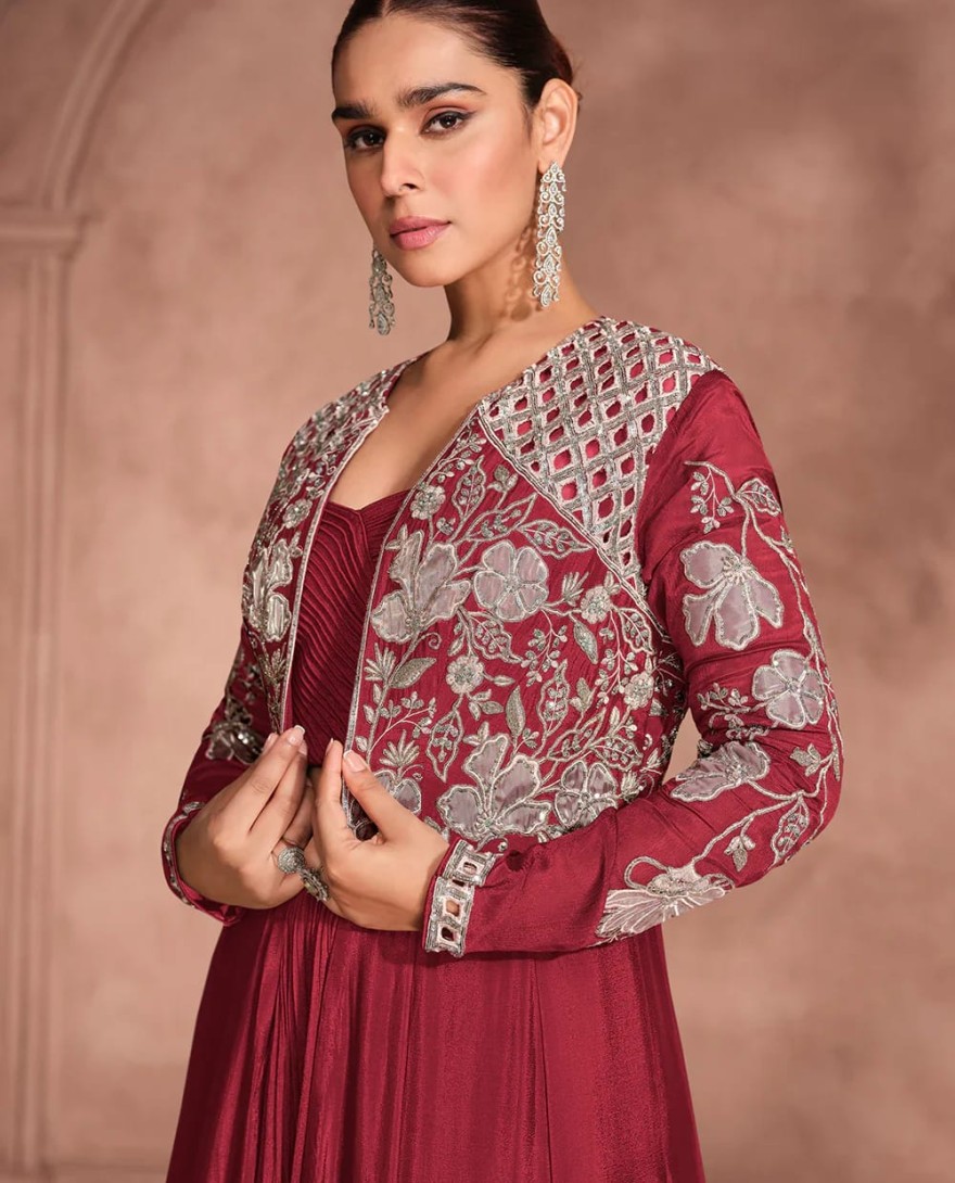 MAROON - Designer Maroon Chinnon Silk Jacket Style Lehenga Choli For Indian Wedding