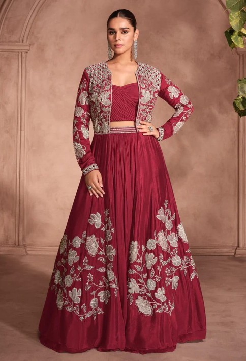 Designer Maroon Chinnon Silk Jacket Style Lehenga Choli For Indian Wedding