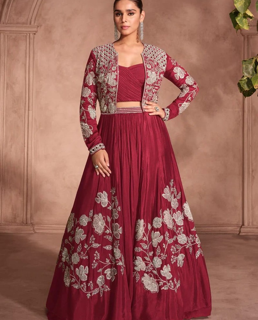 MAROON - Designer Maroon Chinnon Silk Jacket Style Lehenga Choli For Indian Wedding