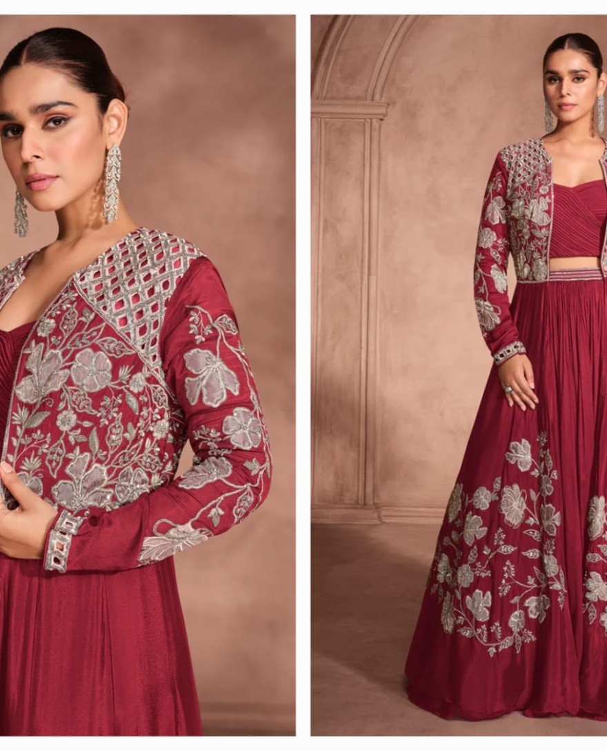 MAROON - Designer Maroon Chinnon Silk Jacket Style Lehenga Choli For Indian Wedding